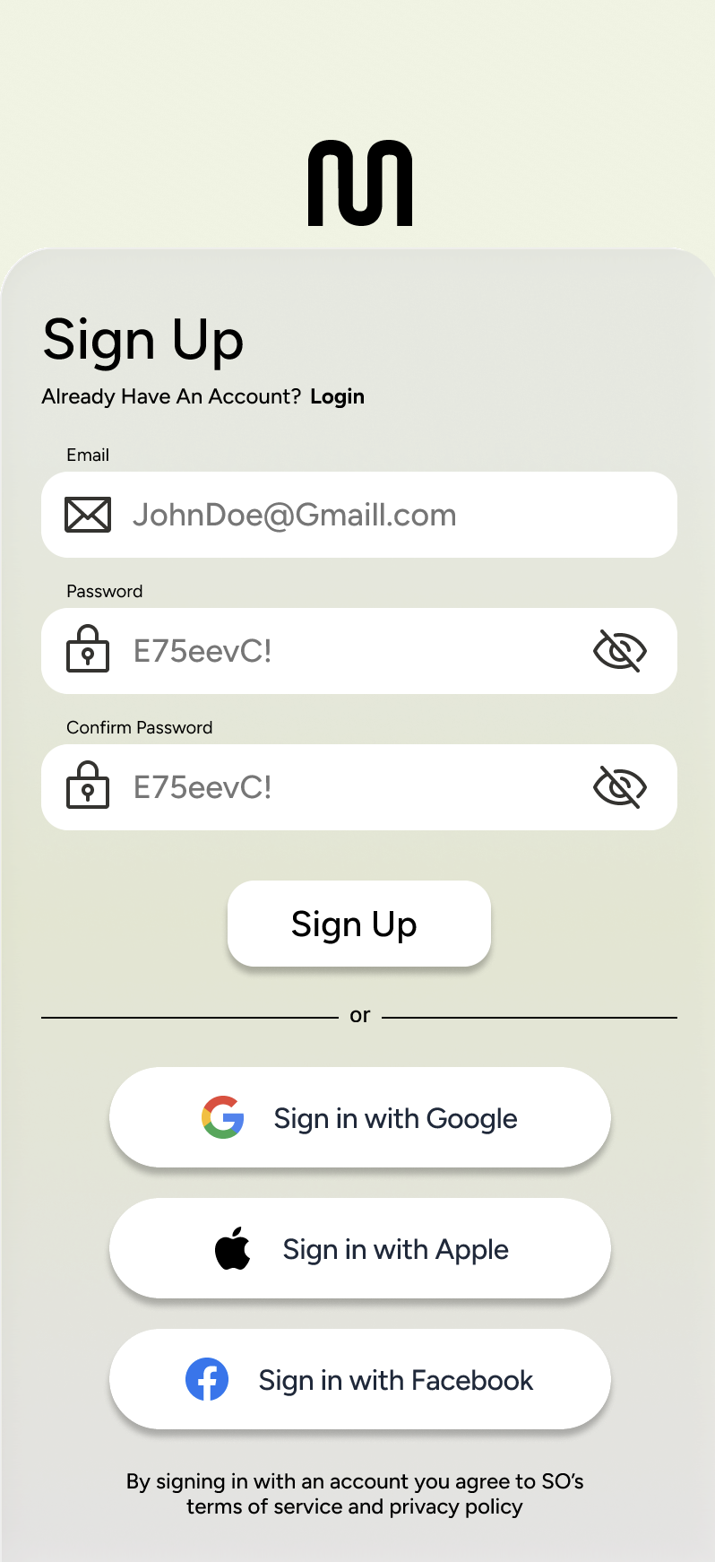 Terminal sign-up screen